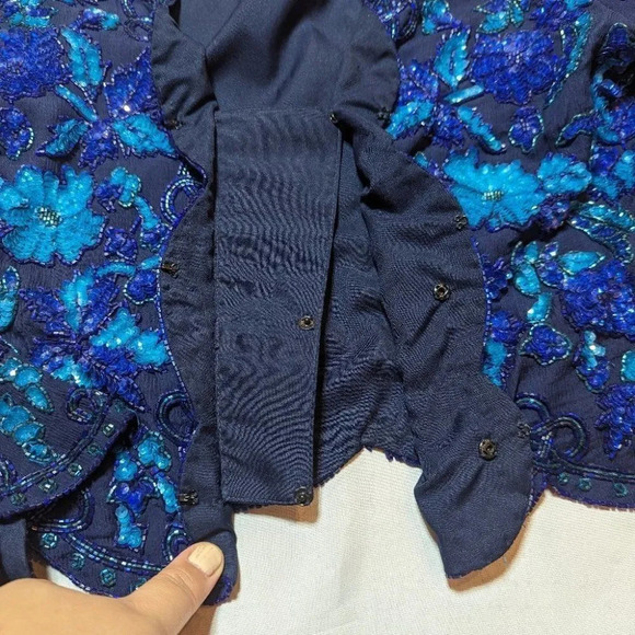 Vintage Frank Usher Blue 100% Silk Hand Beaded Blazer  Jacket Small Grandmacore - Picture 7 of 13